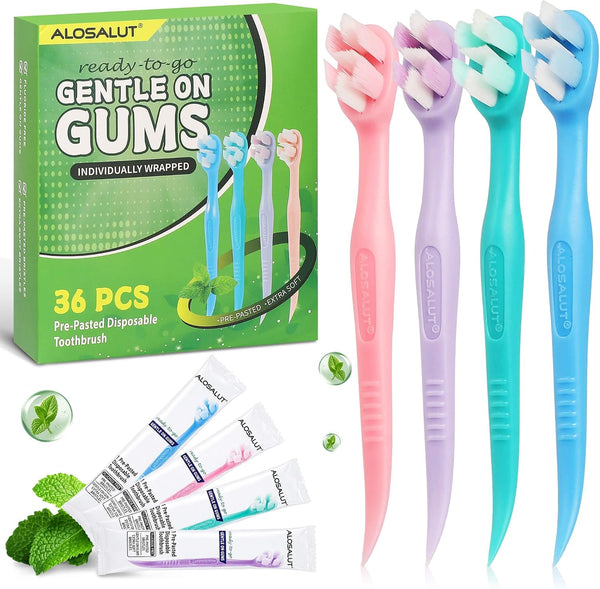 Alosalut Pre-Pasted Disposable Toothbrushes - Individually Wrapped Mini Travel Toothbrush with Floss - Green (36 Pack)