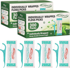 Alosalut Individually Wrapped Dental Floss Picks - Mint Flavored Flossers with Built-in Toothpick -  - 300 Pack