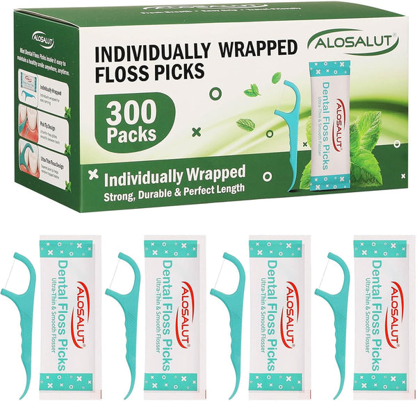 Alosalut Individually Wrapped Dental Floss Picks - Mint Flavored Flossers with Built-in Toothpick -  - 300 Pack