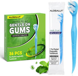 Alosalut Pre-Pasted Disposable Toothbrushes - Individually Wrapped Mini Travel Toothbrush with Floss - Blue (36 Pack)
