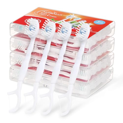 Alosalut 40 Pack Mini Disposable Toothbrushes with Detachable Floss Pick - No Rinse Travel Toothbrus - Mint