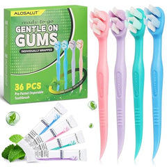 Alosalut Pre-Pasted Disposable Toothbrushes - Individually Wrapped Mini Travel Toothbrush with Floss - Green (36 Pack)