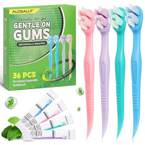 Alosalut Pre-Pasted Disposable Toothbrushes - Individually Wrapped Mini Travel Toothbrush with Floss - Green (36 Pack)