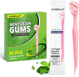 Alosalut Pre-Pasted Disposable Toothbrushes - Individually Wrapped Mini Travel Toothbrush with Floss - Purple (36 Pack)